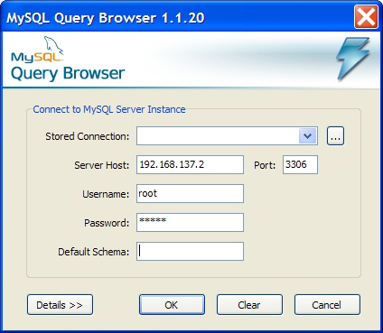 Окно авторизации в MySQL Query Browser